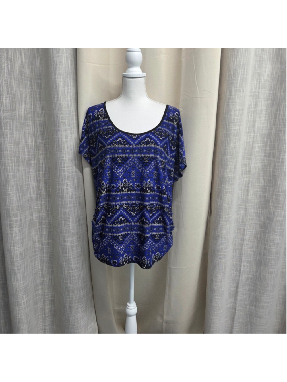 Agenda Blue Printed Scoop Neck Top Festival Boho Aztec